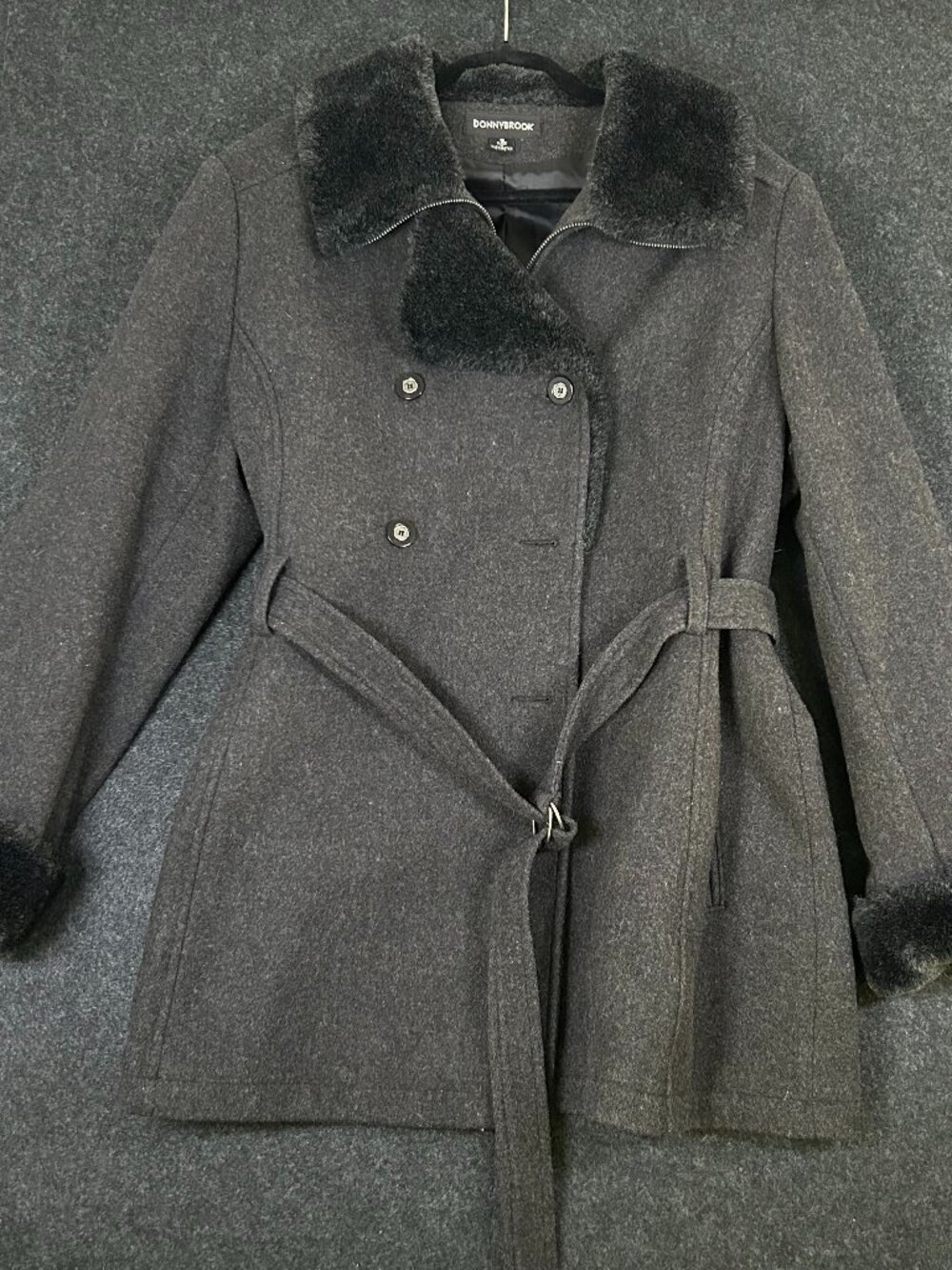 Donnybrook Charcoal Gray Wool Faux Fur Trim Belted Coat Size 18